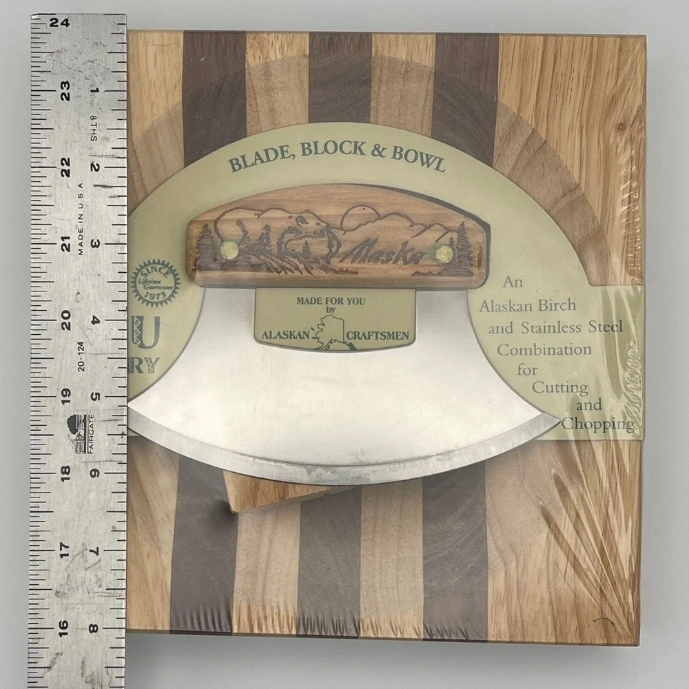 The Ulu Factory Brown Chopping Bowl with Ulu Knife Birch Walnut Set
